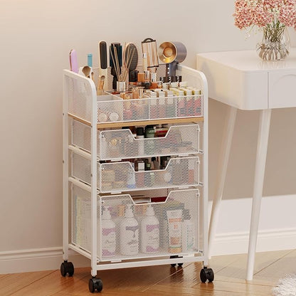 Makeup Cart Organizer with 3 Drawers,Floor Skincare Organizers with Dividers, Vanity Organizer Cosmetics Display Cases Holder for Skin Care Nail Polish Perfume Makeup brush Hair Tool,White