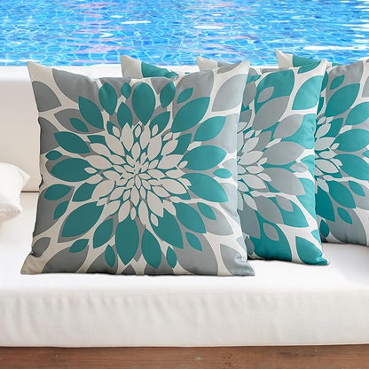 Qahing Pack of 4 Outdoor Waterproof Pillow Covers 24x24 Decorative Outdoor Throw Pillows Garden Square Cushion Cases for Patio Furniture, Couch, Tent Sunbrella, Bench, Teal Turquoise Grey