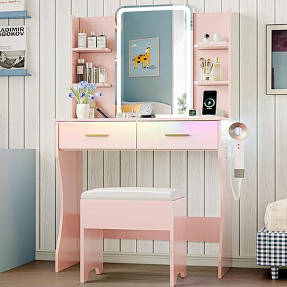 Vanity Desk with LED Lights Mirror & Power Outlet, Small Makeup Vanity Table Set with Storage Drawers & Chair, 3 Lighting Modes & Adjustable Brightness, Dressing Table for Women Girls Bedroom, Pink
