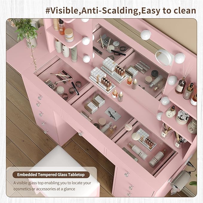 Vanity Desk with Power Outlet, 11 Drawers Makeup Vanity with Lighted Mirror, 3 Colors Adjustable, Glass Top Vanity with Chair, 4 Shelves and Fold-up Panel, Dressing Table for Bedroom, Pink