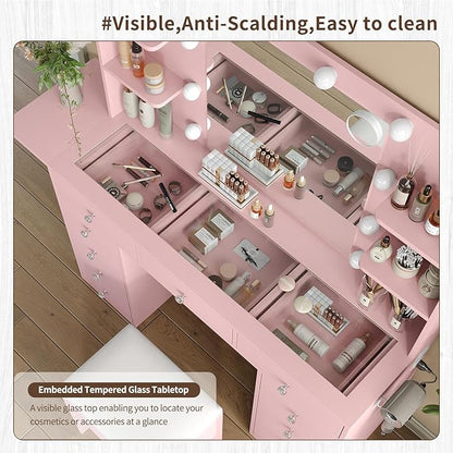 Vanity Desk with Power Outlet, 11 Drawers Makeup Vanity with Lighted Mirror, 3 Colors Adjustable, Glass Top Vanity with Chair, 4 Shelves and Fold-up Panel, Dressing Table for Bedroom, Pink