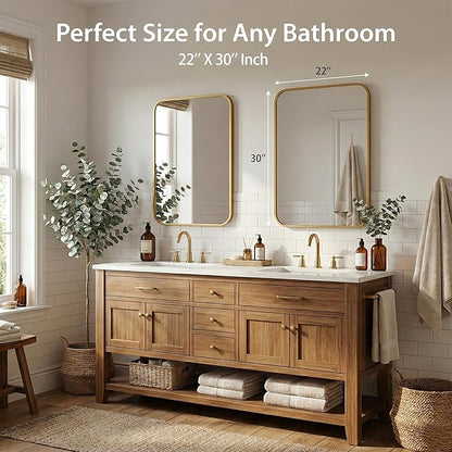2-Pack 22x30 Inch Antique Gold Bathroom Vanity Mirrors | Flush Mount Deep Set Metal Wall Mirror for Over Sink | HD Shatterproof Glass, Rustproof