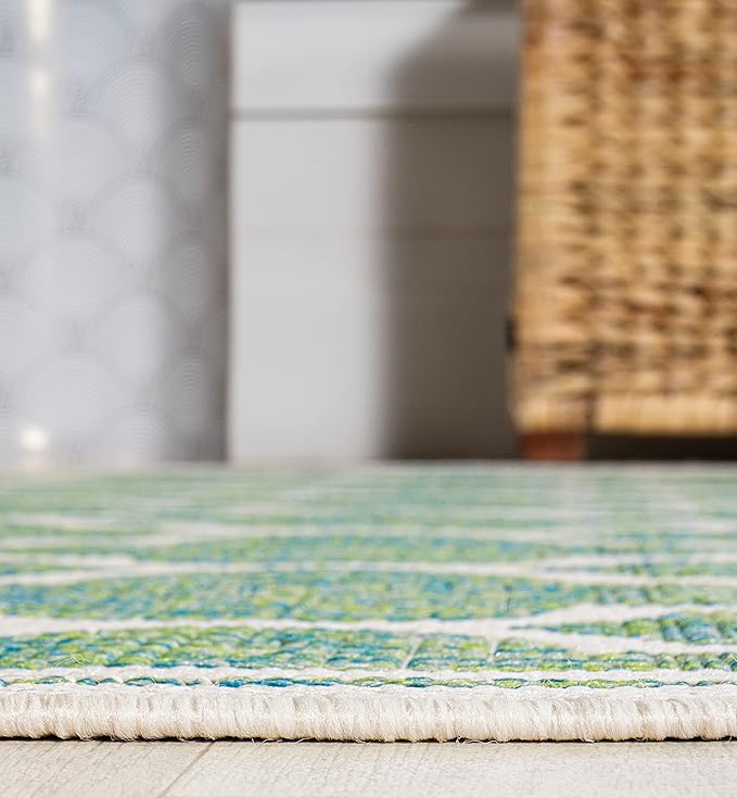 Eyely BMS109I-5R Santa Monica Trebol Moroccan Trellis Textured Weave Indoor/Outdoor Area Rug Coastal;Bohemian, Bedroom, Backyard, Patio, Easy-Cleaning, Non-Shedding, 5' Round, Cream/Green