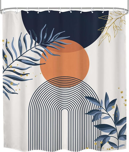 Navy Blue Boho Shower Curtain 60Wx72H Modern Abstract Bohemian Blue Gold Leaves Orange Minimalist Mid Century Plant Arch Bathroom Decor Neutral Geometric Bath Curtain Polyester 12 Pack Hooks