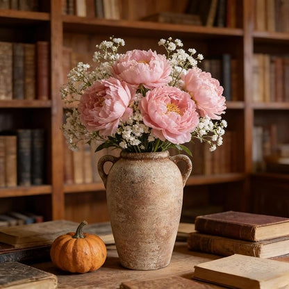 Ceramic Flower Vase with Handles Home Decor - 9 Inch Farmhouse Rustic Table Vases Living Room Decoration Decorative Vintage Pottery for Kitchen Shelf Dining Bookshelf Fireplace Centerpiece (Rustic-9")
