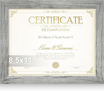 8.5 by 11 Diploma Picture Frame, Made of Real Glass and Wooden Certificate Frame, Horizontal and Vertical Display for Wall or Tabletop (Grey, 1Pack)
