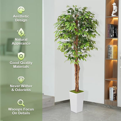 Artificial 7Ft Ficus Silk Tree with Tall Planter - Faux Plants Indoor with Natural Wood Trunk - Large Tall Fake Plants for Home Office Living Room Patio Decor