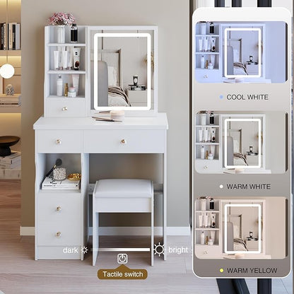 29.2" Small Vanity Desk with Mirror and Lights, Makeup Table with Led Lights and Sliding Mirror, 3 Lighting Colors, Vanity Set with 5 Drawers and Stool for Small Space Bedroom, White