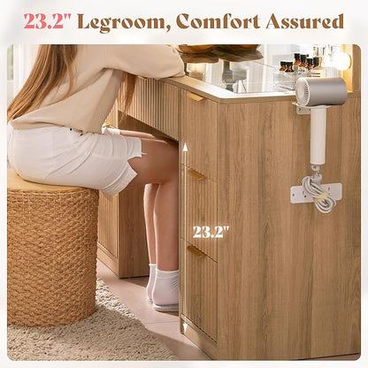 AMERLIFE 47.2" Fluted Vanity Desk with Large Mirror and Adjustable LED Lights, 7 Drawers Makeup Table with Glass Top and Charging Station for Women and Girls, Bedroom or Dorm, Oak