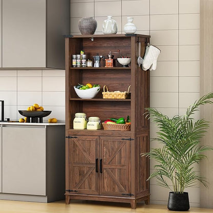 70in Tall Bookshelf 5 Tier Bookcase with Barn Doors and Adjustable Shelves, Brown Farmhouse Book Shelf with Storage Cabinet, Wood Freestanding Display Bookshelves for Bedroom, Kitchen (3PCS)