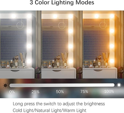 15 Drawers Vanity Desk with Power Outlet, Makeup Table with Mirror and 13 LED Lights, 3 Color Lighting Modes, Brightness Adjustable, Glass Top Dressing Table, Vanity Set for Bedroom (White)