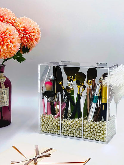 Acrylic Makeup Organizer,Clear Cosmetic Brush Storage Box With 3 Brush Holders,with Dust Cover, Large-capacity Split Design can Quickly Organize the Desktop (with3 bags of white pearls