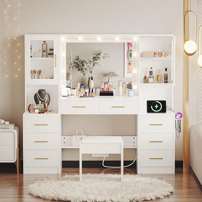 58.2” Vanity Desk with Mirror and Lights & Charging Station, Bedroom Dressing Table, Large Vanity Set with Cushioned Stool, 8 Drawers and 2 Cabinets, Makeup Vanity Table with Charging Station