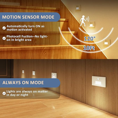 4 Pack Motion Sensor LED Step Lights, 3CCT Adjustable 3000K/4000K/6000K Stair Lights, 4W 300LM Dimmable Staircase Lighting, IP65 Waterproof for Indoor Outdoor, 120V Hardwired, ETL, White