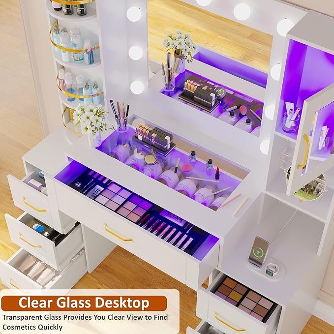 Makeup Vanity Desk with Mirror and Lights,Glass Top Dresser with Charging Station,Vanity Table with 7 Drawers and 10X Makeup Mirror,Rotating Open Storage Cabinet (White-10X Mirror, Large)