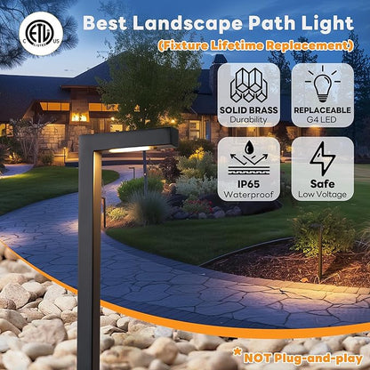 Landscape Path Lights Brass, 12V Low Voltage Pathway Lights Wired, Outdoor Garden Lights LED Waterproof, L Shape Black for Yard Walkway Driveway Without G4 Bulb