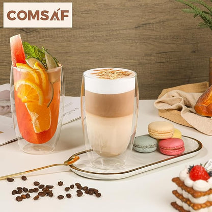 ComSaf 15oz Double Wall Glass Coffee Mugs, Insulated Latte Cups Set of 2, for Coffee, Espresso, Tea, Milk, Clear Cappuccino Cups Set Glassware Gift for Christmas Birthday