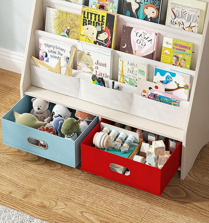 SEIRIONE Sturdy Kids Bookshelf, Tear-Proof Cotton Sling, Eco-Safe Toddler Bookshelf with 2 Cube Bins for Books & Toys, Beige/Wood Texture