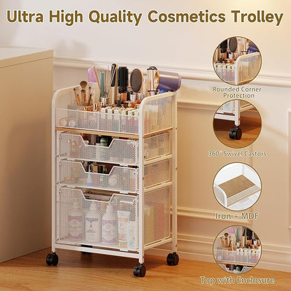 Makeup Cart Organizer with 3 Drawers,Floor Skincare Organizers with Dividers, Vanity Organizer Cosmetics Display Cases Holder for Skin Care Nail Polish Perfume Makeup brush Hair Tool,White