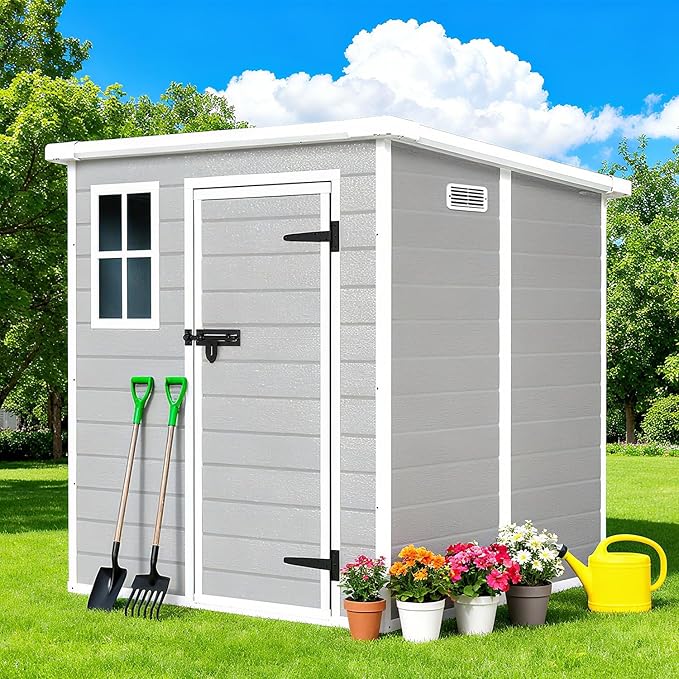 6x6 FT Outdoor Storage Resin Shed with Floor, Waterproof Plastic Garden Tool Shed with Windows, Vents & Lockable Door and Sloped Roof, Easy to Assemble Bike Shed for Patio, Backyard, Lawn, White+Gray