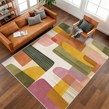 4x5 Mid Century Modern Rugs for Bedroom Decor, Washable Abstract Geometry Pattern Area Rug, Living Room Home Decoration, Non Slip Soft Thin, Boho Decor Carpet PF-P 117