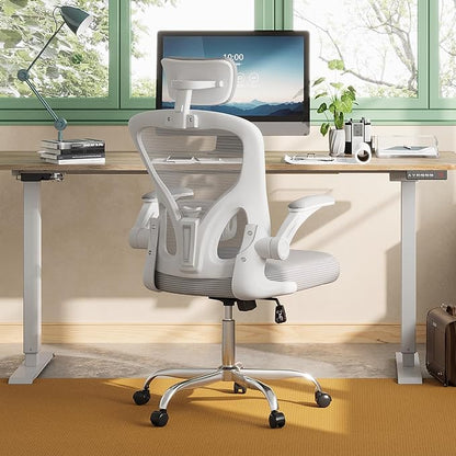DEVAISE Office Chair, High Back Mesh Ergonomic Desk Chair with Flip-up Armrests, Adjustable Headrest and Lumbar Support, White