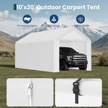 GOJOOASIS 10x20 Carport Heavy Duty Portable Garage Shelter Metal Car Canopy Tent with UV-Resistant & Weatherproof Top Cover for RV & Vehicles (White, 10x20 with sidewalls)