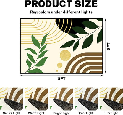 Modern Abstract Rug Geometric Area Rug Boho Green Leaf Floor Mat Soft Washable Carpet for Entryway Bedroom Living Room Kitchen Home Decor 2'x3'