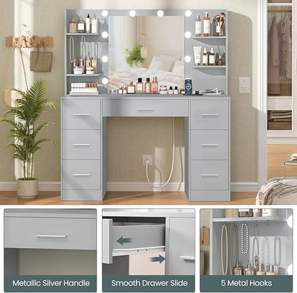 Quimoo Large Vanity Desk with LED Lighted Mirror & Power Outlet,Makeup Vanity Table with 7 Drawers,4 Shelves and 5 Hooks,Vanity Table, Vanity Desk Set for Bedroom,Bathroom,Grey