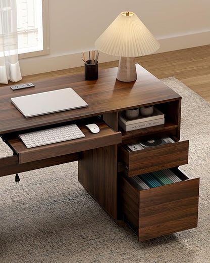 Farmhouse Executive Desk with File Drawer 59" Large Computer Desk Home Office Desk with Charging Station, Keyboard Tray, Storage Cabinet Modern Workspace for Study, Writing, Brown
