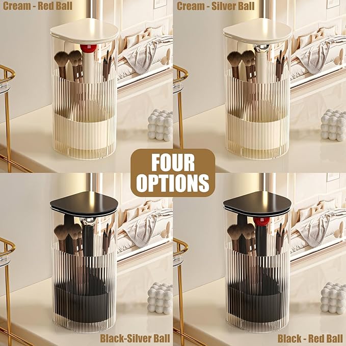 Makeup Brush Holder with Lid, One-Hand Press Open/Close Mechanism Cosmetic Tools Organizer, Clear Waterproof Dustproof Make Up Storage for Vanity, Bathroom Countertop-Cream-Silver Ball