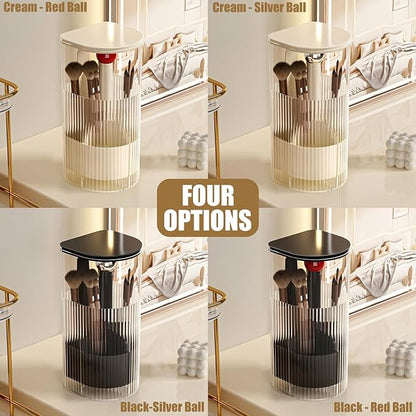 Makeup Brush Holder with Lid, One-Hand Press Open/Close Mechanism Cosmetic Tools Organizer, Clear Waterproof Dustproof Make Up Storage for Vanity, Bathroom Countertop-Cream-Silver Ball