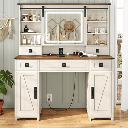 AOGLLATI Farmhouse Makeup Vanity Desk with Lights & Charging Station,Vanity Desk with Mirror and Lights, 47.2” Large Brown Vanity Table with Ample Storage Space and Sliding Mirror (Antique White)