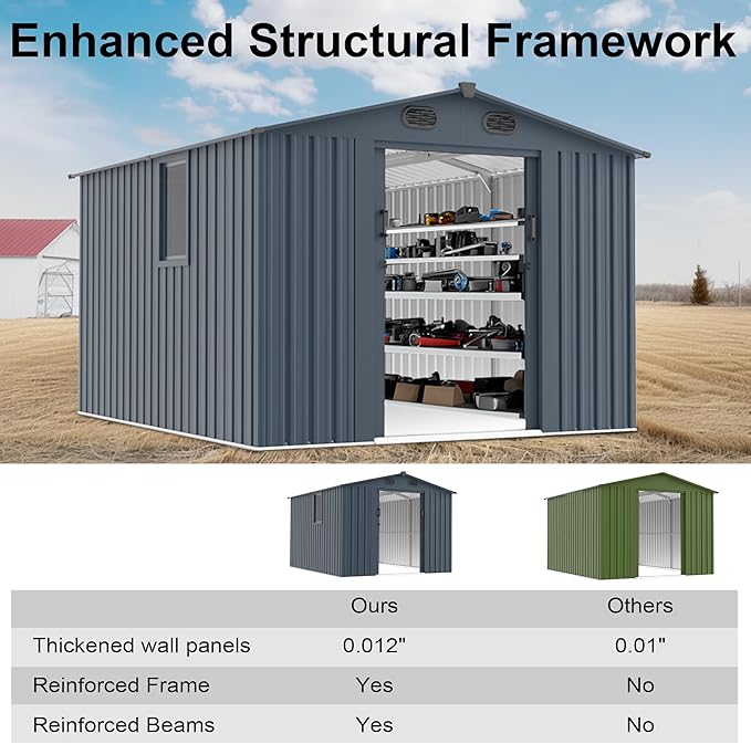 8x10 FT Outdoor Storage Shed, Metal Garden Shed with Window, Outside Tool Sheds with Lockable Sliding Doors, Waterproof Storage Building with 4 Air Vents for Backyard, Patio, Lawn, Dark Gray