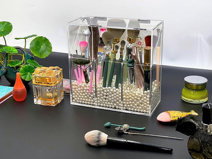 Acrylic Makeup Organizer,Clear Cosmetic Brush Storage Box With 3 Brush Holders,with Dust Cover, Large-capacity Split Design can Quickly Organize the Desktop (with3 bags of white pearls