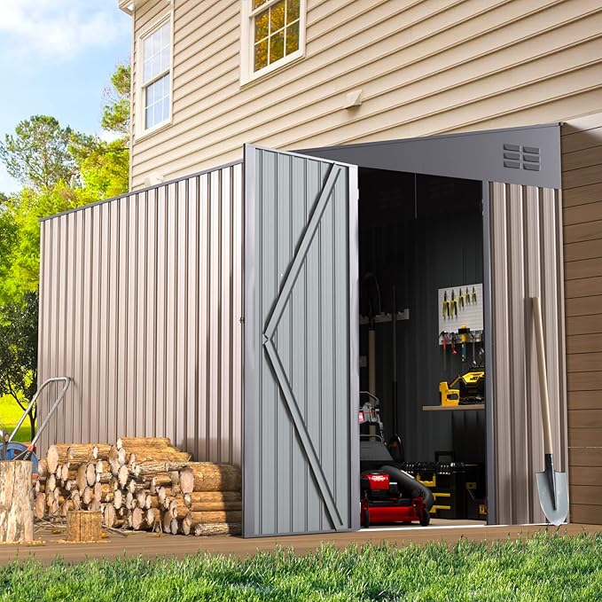 AECOJOY 6' x 8' Lean to Storage Shed Outdoor Storage, Storage Cabinet Shed Metal Wall Side Storage Sheds & Outdoor Storage, Garden Storage Cabinet for Backayrd, Patio, Outdoor Use in Grey