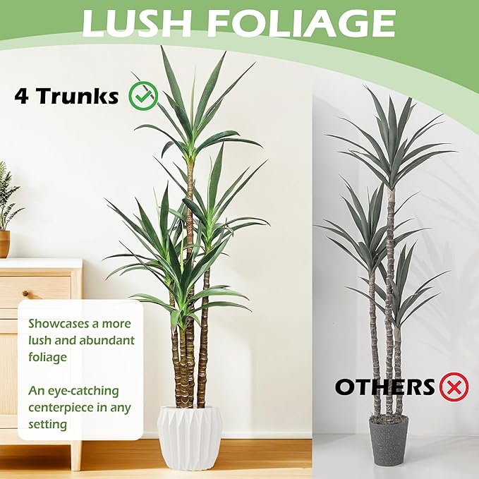 Artificial Trees 4.8Ft Faux Tree 4 Heads Agave Plants, Tall Plant Fake Plant with Plastic Pot for Home Decor, Office Decor