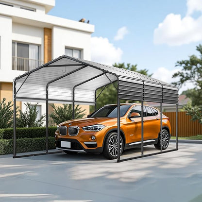 10x15FT Heavy Duty Metal Carport with Galvanized Steel Roof - All-Weather Car Shelter for Cars, Trucks, Boats, Reinforced Frame, Enhanced Base, Metal Car Port Garage
