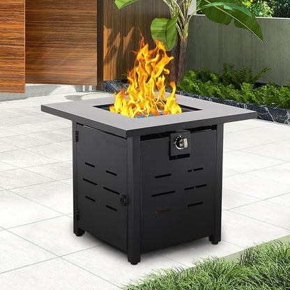 Propane Fire Pit 28 Inch Outdoor Fire Pit 50000 BTU Square Gas Fire Table with Steel Lid Blue Crystal Beads and Waterproof Cover for Outside Patio and Garden