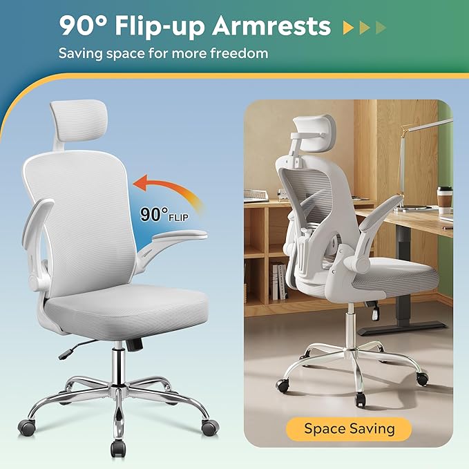 DEVAISE Office Chair, High Back Mesh Ergonomic Desk Chair with Flip-up Armrests, Adjustable Headrest and Lumbar Support, White