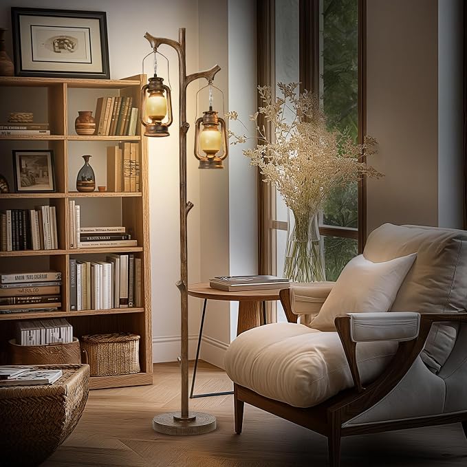 68" Rustic Farmhouse Tree Trunk Floor Lamp Country Brown Finish Wood Vintage Standing Tall Lamp With lantern Stepless Dimmable Industrial floor Lamp Decor for Bedroom Living Room Office Hotel