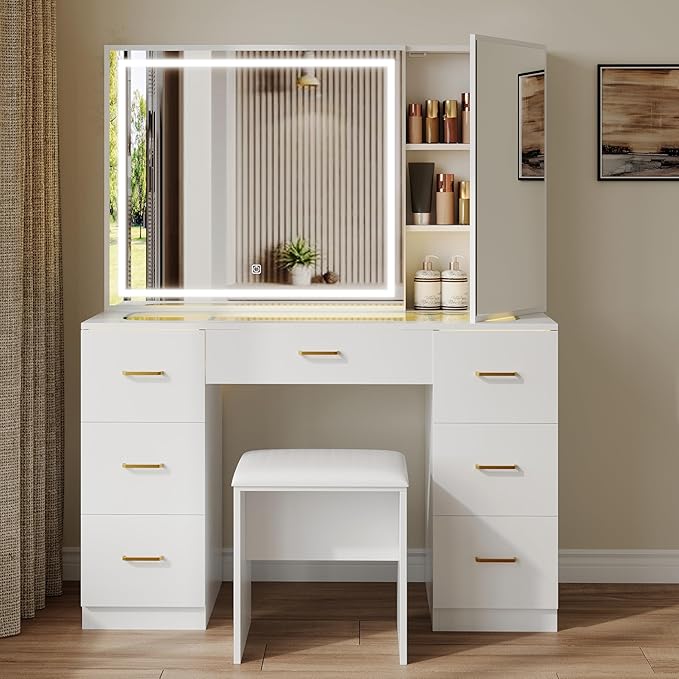 Glass Top Makeup Vanity Desk with Large Mirror and LED Lights,Vanity Stool&Storage Bench,White Vanity with Hidden Storage Mirror Cabinet&7 Drawers,Makeup Organizer Countertop for Room