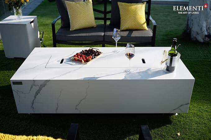 Elementi+ | Bundle Carrara Gas Fire Pit | Marble Porcelain & Metal Frame | 60" Rectangular Fire Table | Electronic Ignition | Canvas Cover, Fire Glass & Burner Lid Included | White | Propane Gas