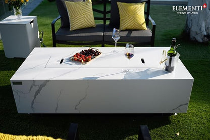 Elementi+ | Bundle Carrara Gas Fire Pit | Marble Porcelain & Metal Frame | 60" Rectangular Fire Table | Electronic Ignition | Canvas Cover, Fire Glass & Burner Lid Included | White | Propane Gas
