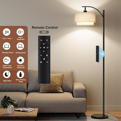 SUNMORY Floor Lamps for Living Room with 12W Remote and Dimmable Bulb, LED Arc Lamp, Modern Floor Lamps with Adjustable Double Fabric Shades, Tall Standing Lamp for Bedroom, Corner, Home Decor