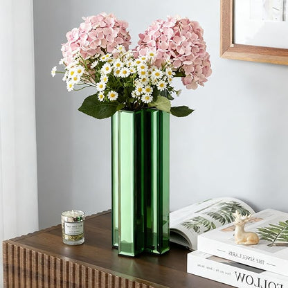SHYFOY Green Mirrored Vase - 12 Inch Tall Cross-Shaped Decorative Glass Flower Vases for Home Decor, Living Room Table Kitchen Fireplace Decor - Can’t Hold Water
