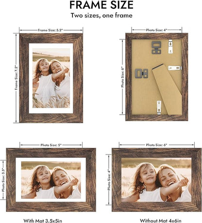 4x6 Picture Frame with Glass, Display Pictures 3.5x5 with Mat or 4 x 6 without Mat - Wall and Tabletop, 4 by 6 Photo Wooden Frames (Rustic Brown, 1 Pack)