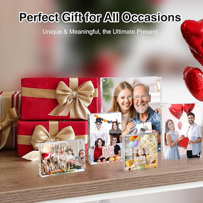 HOUSE DAY Acrylic Picture Frames 4x4, 6 Pack Magnetic 4 x 4 Picture Frame, Double Sided Clear 4x 4 Photo Frame with Microfiber Cloth, Frameless FreeStanding 4x4 Frame Gift for Desktop Display