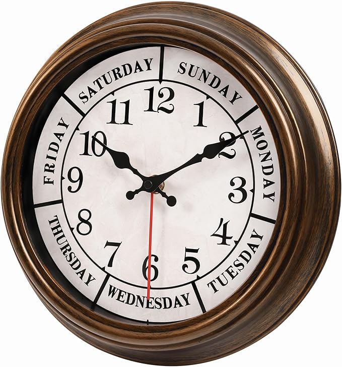 45MinST 12 Inches Retro Wall Clock,Day of The Week Wall Clock,Calendar Day Clock,Silent Non Ticking Battery Operated Movement(Bronze)