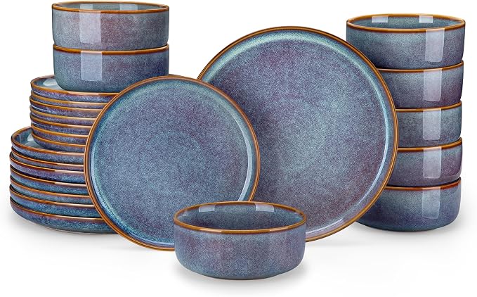 vancasso PLAYA Plates and Bowls Sets, 24 Pieces Grey-Blue Dinnerware Sets for Kitchen, Reactive Glaze Dishes Set for 8, Dishwasher and Microwave Safe